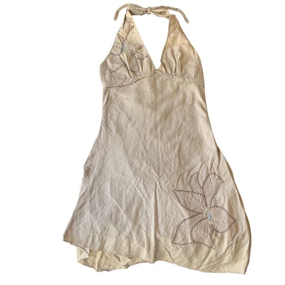 Gadzooks Dresses & Skirts - Gadzooks Women Dress M Beige Linen Floral Embroidery Halter A-Line Knee Length